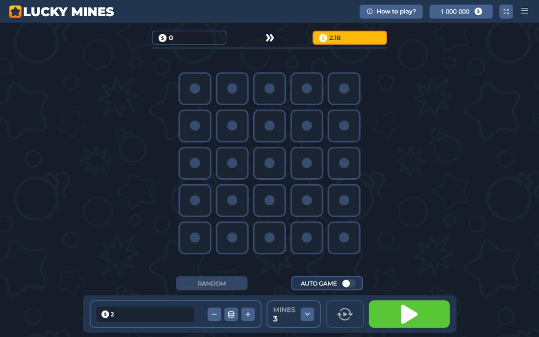 Демо Lucky mines от InOut Games: поле 5x5 и выбор числа мин внизу экрана