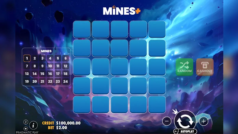 Mines+ от Pragmatic Play: поле 5x5, алмазы на тёмном фоне, панель ставки внизу экрана
