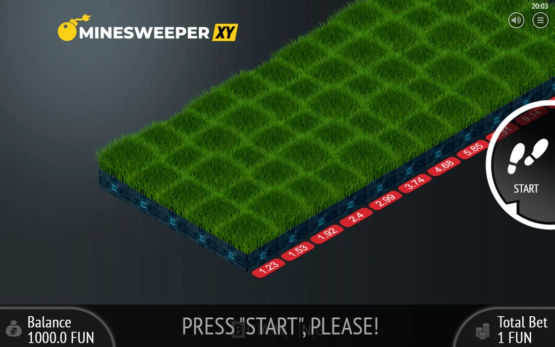 Minesweeper XY в демо BGaming: дорожка уходит вдаль, у каждого ряда подписан свой множитель